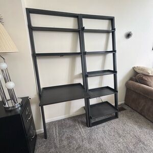Sleek Black Ladder Leaning Bookcase with Desk